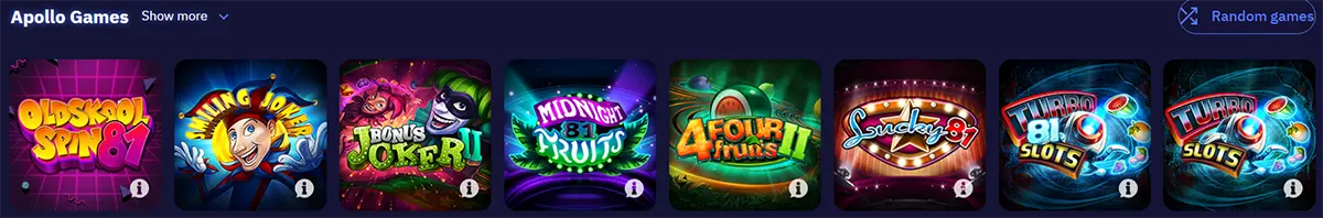 Horizontal “Apollo Games” carousel on a dark background displaying colourful slot thumbnails like Old Skool Spin 87, Bonus Joker, Midnight Fruits 81, 4 Fruits II, Lucky 87, and Turbo 81 Slots with “Show more” and “Random games” controls.